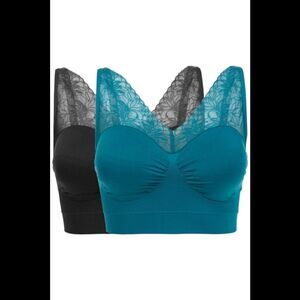 Rhonda Shear 2-pack Seamless "Ahh" Bra w Mesh Lace Detail Black/Teal - Regular